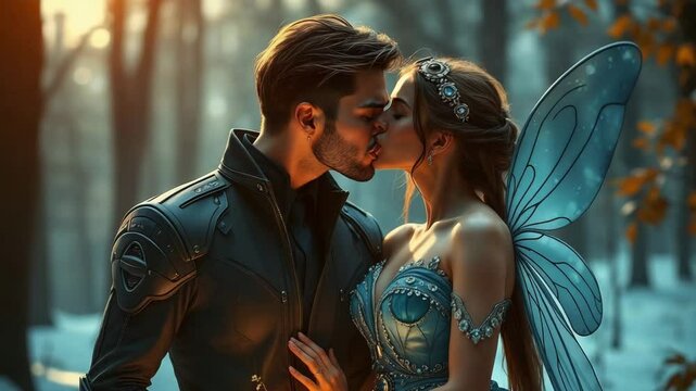 A prince kiss to his beautiful blue fairy in snow forest , romantic scene , 4K video.