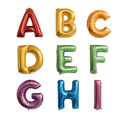 Rainbow Foil Balloon Letters A to I Alphabet Set isolated on transparent background