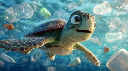 Fototapeta premium Sea turtle swims amidst plastic waste illustrating marine environmental damage