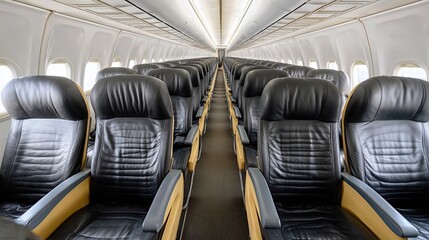 Fototapeta premium The aircraft interior features neatly arranged black leather seats, offering a clear perspective on business and economy class travel comfort.