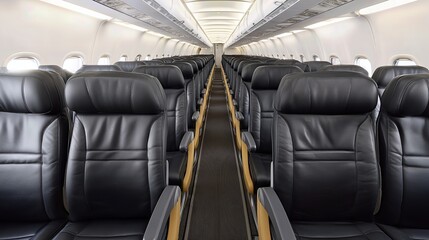 Obraz premium The aircraft interior features neatly arranged black leather seats, offering a clear perspective on business and economy class travel comfort.