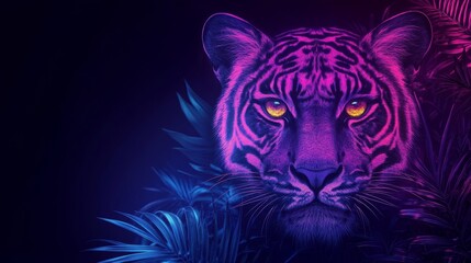 Obraz premium Vibrant neon tiger portrait with glowing eyes striking pose dark background luminous wildlife feline majestic predator detailed illustration