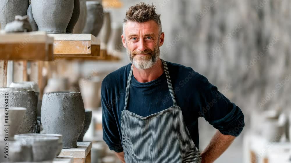 Poster man with a grey beard stands in front of a shelf of pottery. he is wearing a blue apron and a black 