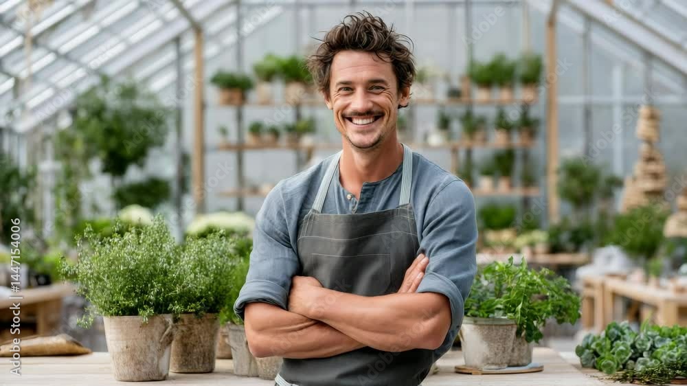Aufkleber man stands in front of a greenhouse with a green apron on. he is smiling and he is proud of his work