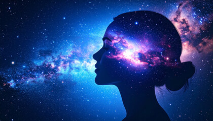 Fototapeta premium cosmic silhouette of woman against starry background, representing vastness of universe and imagination. image evokes sense of wonder and exploration