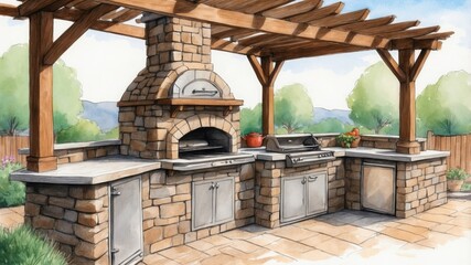 Outdoor Kitchen Design Stone Grill Watercolor Sketch