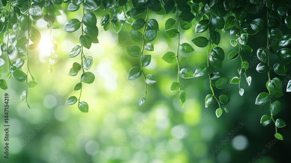 Poster lush green foliage cascading with gentle bokeh creating a vibrant border