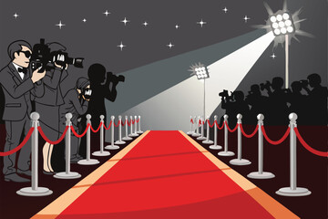 Design a vibrant vector background for a movie premiere event, featuring a red carpet, flashing cameras, and celebratory elements.  Include realistic details.