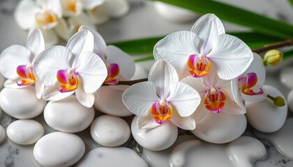 Fototapeta na wymiar Delicate orchid blossoms arranged on smooth, white spa stones, spa, bloom