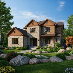 A two-story home featuring stone and siding, with a well-manicured lawn and landscaping. The sky is blue with fluffy clouds, enhancing the propertys appeal.