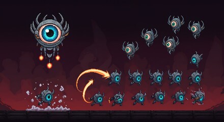 Pixel Art Animated Sprite Sheet of Eye-like Robots in Action