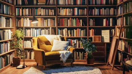 Cozy home library scene with armchair, bookshelves, and warm lighting ambience
