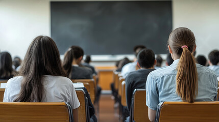 Students seated in a lecture hall, facing the front.  Back view of many students in rows of chairs, looking toward a dark gray chalkboard