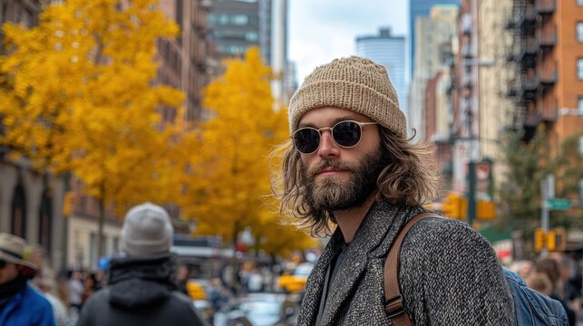 Man with beard and beanie in a New York street during fall. Use for travel, fashion, or autumn-themed creative projects.