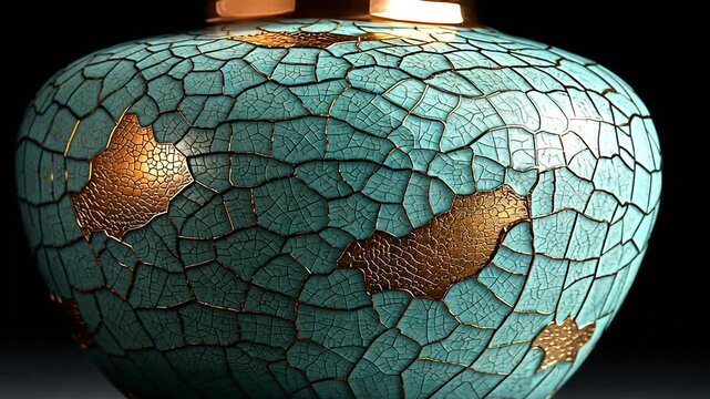 Decorative teal vase with craquelure and gold accents.