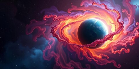 Swirling nebulae embrace a vibrant, abstract planet; distant stars twinkle, texture, stars