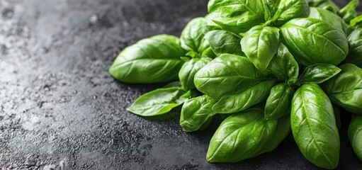 Fototapeta premium Fresh Basil Leaves on Dark Background: Culinary Herb Photography
