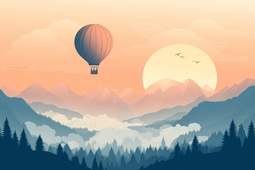 Fototapeta premium A hot air balloon soaring over the misty mountains at sunrise, a beautiful landscape with ample space for text and a travel concept. 