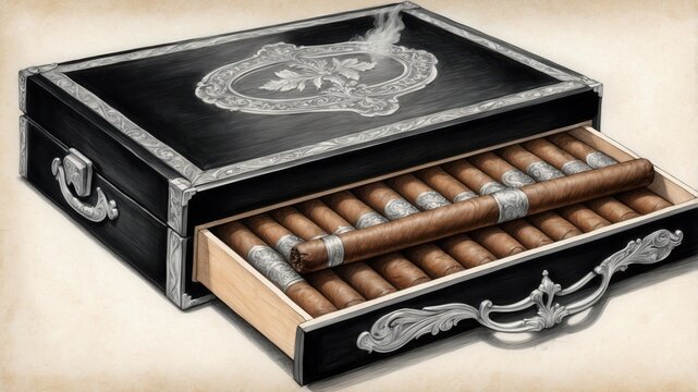Black Cigar Box Silver Detail Illustration Cigars