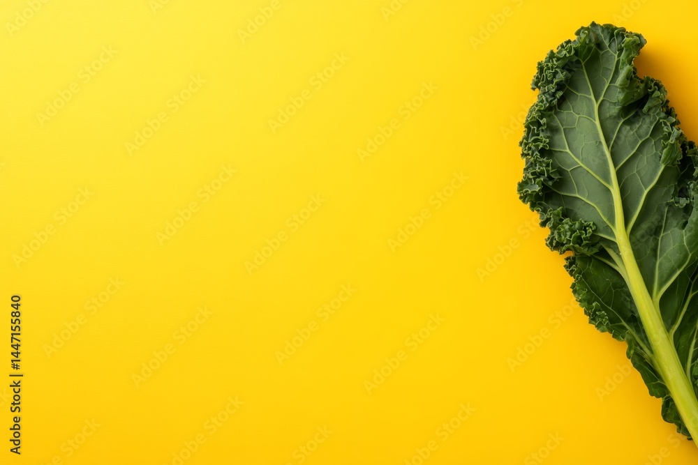 Poster single fresh kale leaf with detailed green veins on a bright yellow surface, offering a fresh and mo