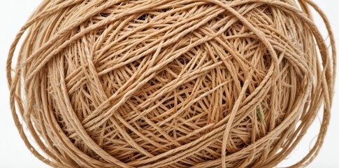 A tangled ball of twine, natural fiber, isolated on white , craft supplies, home decor, thread