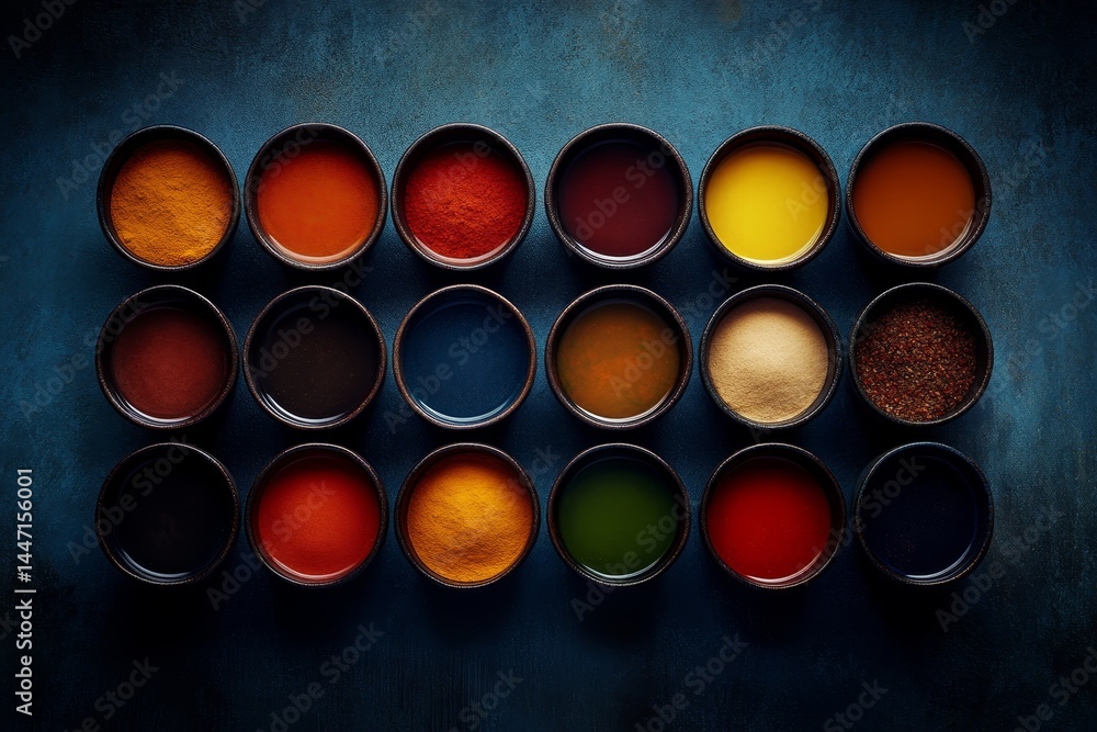 Poster Overhead view of colorful spices in ceramic bowls on a textured blue backdrop, enhanced by scattered grains to create an appealing composition with ample space