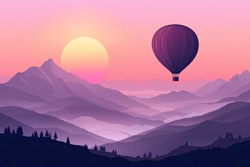 Fototapeta premium A hot air balloon soaring over the misty mountains at sunrise, a beautiful landscape with ample space for text and a travel concept. 