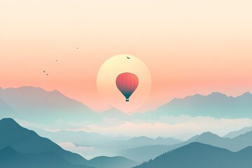 Fototapeta premium A hot air balloon soaring over the misty mountains at sunrise, a beautiful landscape with ample space for text and a travel concept. 