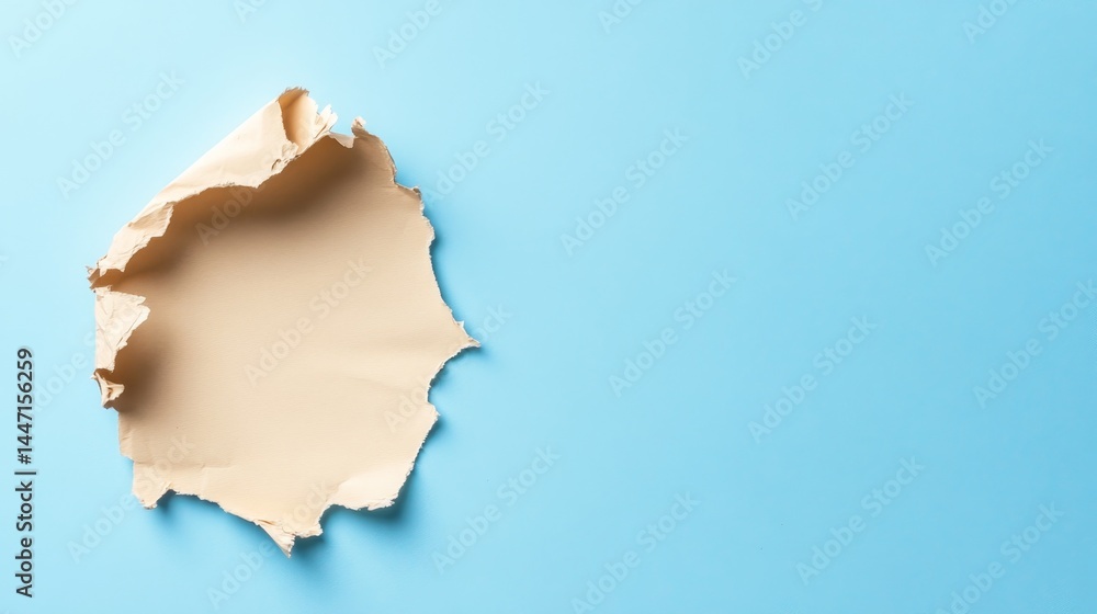 Poster overhead view of a torn piece of notebook paper on a bright blue pastel background, highlighting the