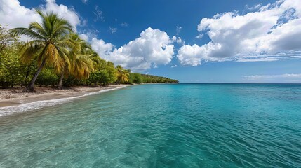 Fototapeta premium A tropical paradise unfolds with turquoise waters, white sandy beaches, and swaying palm trees.