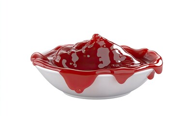 A Jim Beam-shaped ketchup sauce dripping from above into a bowl, isolated on a white background. Detailed photo, PNG format. 