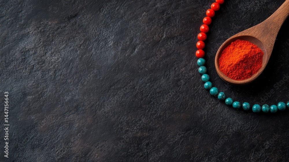 Poster bright turmeric powder rests in a wooden spoon against a black stone surface, creating a striking co