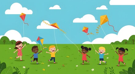 Happy Children Playing with Kites in a Sunny Park