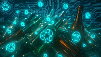 Recycling Bottles with Holographic Trash Icons and Digital Circuit Background Representing AI Waste Management and Eco-Tech Interface

 - Powered by Adobe