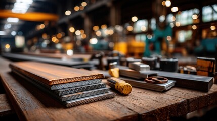 Industrious workshop materials arranged on wooden workbench in factory