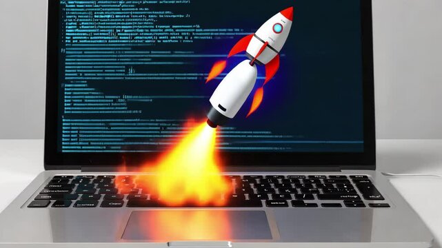 Creative Digital Artwork Featuring a Rocket Launching from a Laptop with Code Background