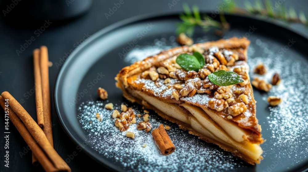Poster overhead close-up shows a slice of pear and walnut tart on a ceramic plate, beautifully garnished wi