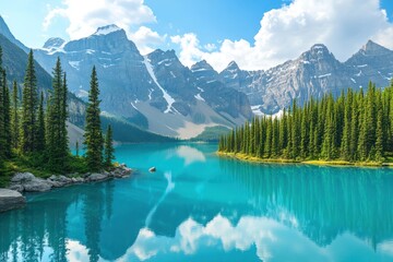 Serene alpine lake nestled amongst majestic mountains  Reflecting skies and forests