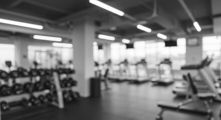 Fototapeta premium Blurred Gym Interior with Fitness Equipment in Black and White