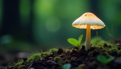Glowing white mushroom, vibrant green sprout emerge from dark forest soil , close up, earth