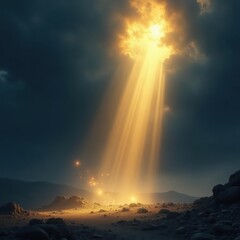 Golden ray pierces ominous grey, illuminating hidden blue , blue sky, breakthrough