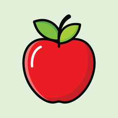 Cartoon styled red apple with green leaves on a light green background
