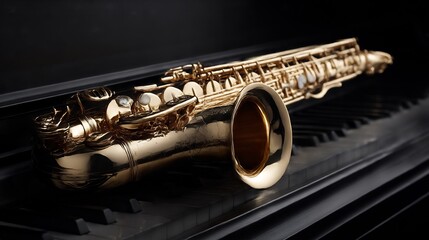 Naklejka premium Elegant golden saxophone resting on classic black piano keys for musical expression