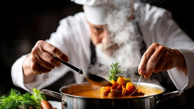 Chef is cooking a soup in a large pot. The soup is full of vegetables and has a lot of steam coming out of it. The chef is wearing a white apron and a white hat
