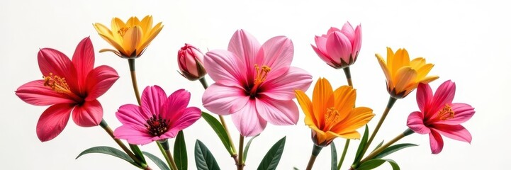 Fototapeta premium Vibrant, symmetrical floral bouquet; delicate petals, bold hues on white background , floral design, colorful, elegant