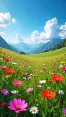 Vibrant wildflowers carpet a serene landscape under a brilliant blue sky , peaceful, sun, light