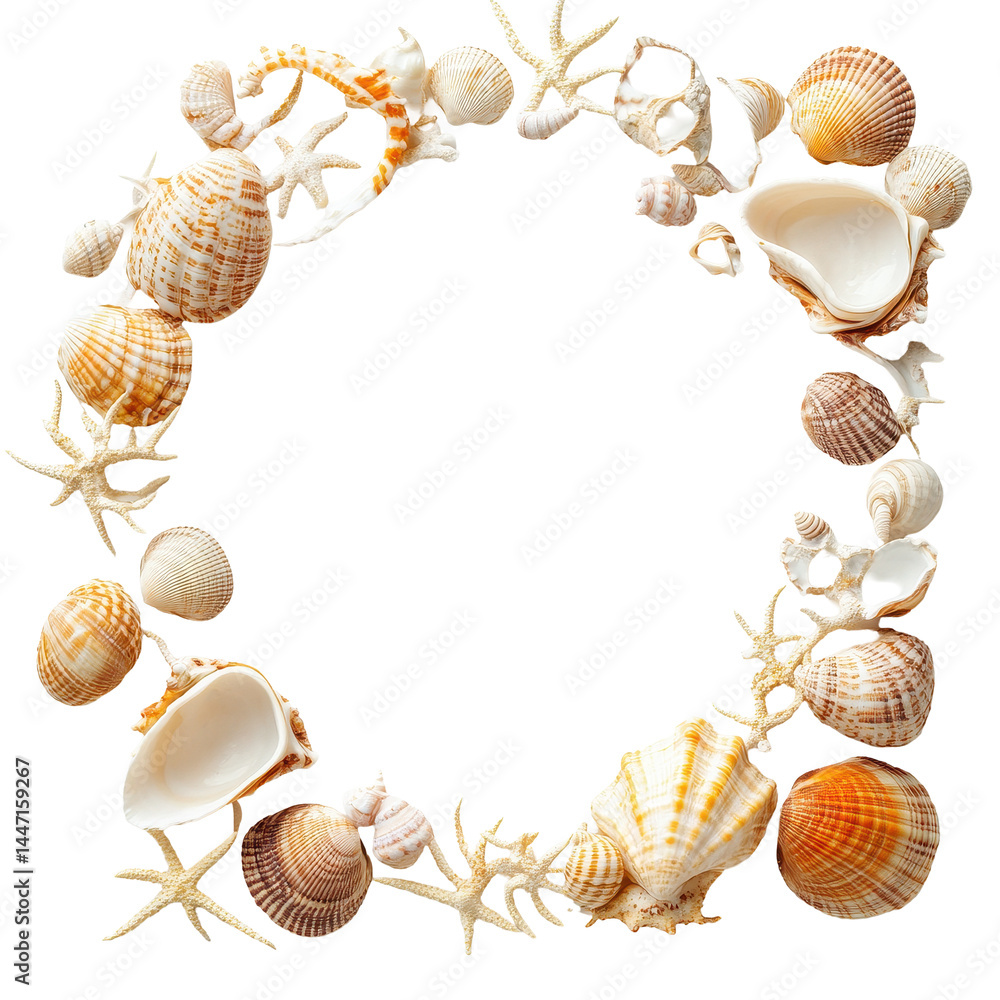 Poster oval beach theme picture frame adorned with assorted shells for coastal decor, oval beach theme pict
