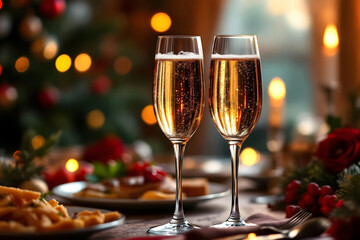 Elegant champagne glasses with festive bokeh lights for celebration mood