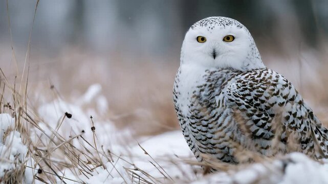A majestic snowy owl perched in a winter landscape, showcased in its natural habitat, embodying the beauty of wildlife and the tranquility of nature in cold climates.