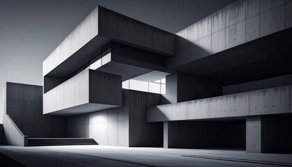 Fototapeta premium Modern concrete architecture showcases sharp lines and geometric shapes, creating striking visual impact. interplay of light and shadow enhances structure minimalist design